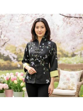 Shanghai Soho Oriental 100% Silk Asian Jacket 3D Sakura floral embroidered Sz M